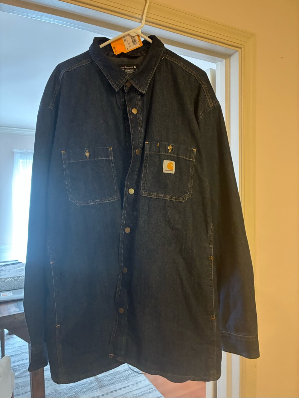 Carhartt Dark Blue Denim Jacket with Gold Stitching Fleece lined